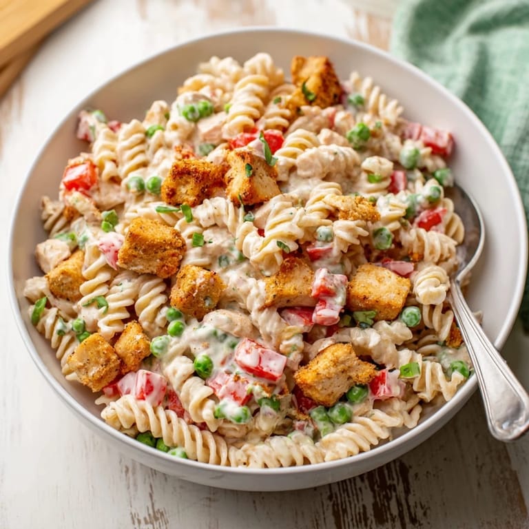 The finished Crispy Chicken Ranch Pasta Salad served in a white bowl, garnished with fresh dill and sliced green onions, ready for a potluck or summer picnic.