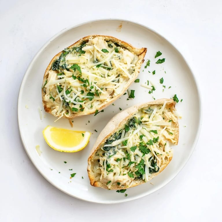 Freshly baked spinach artichoke chicken stuffed pita with melty mozzarella and bright green spinach peeking from fluffy pockets.