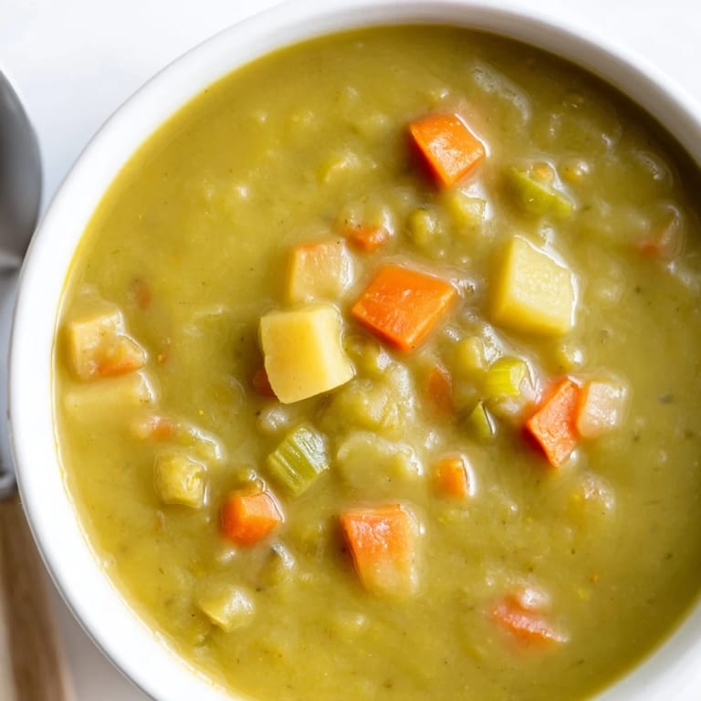 A bowl of split pea soup garnished with fresh parsley, served alongside crusty artisan bread on a cozy wooden table.
