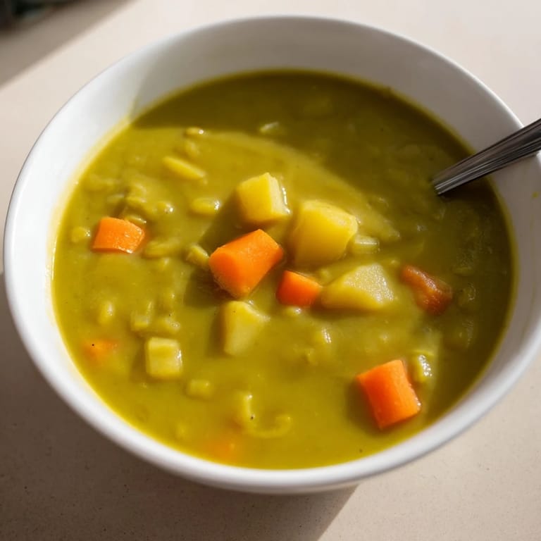 Close-up view of a ladle scooping rich split pea soup, revealing chunks of carrot and potato in a comforting blend.