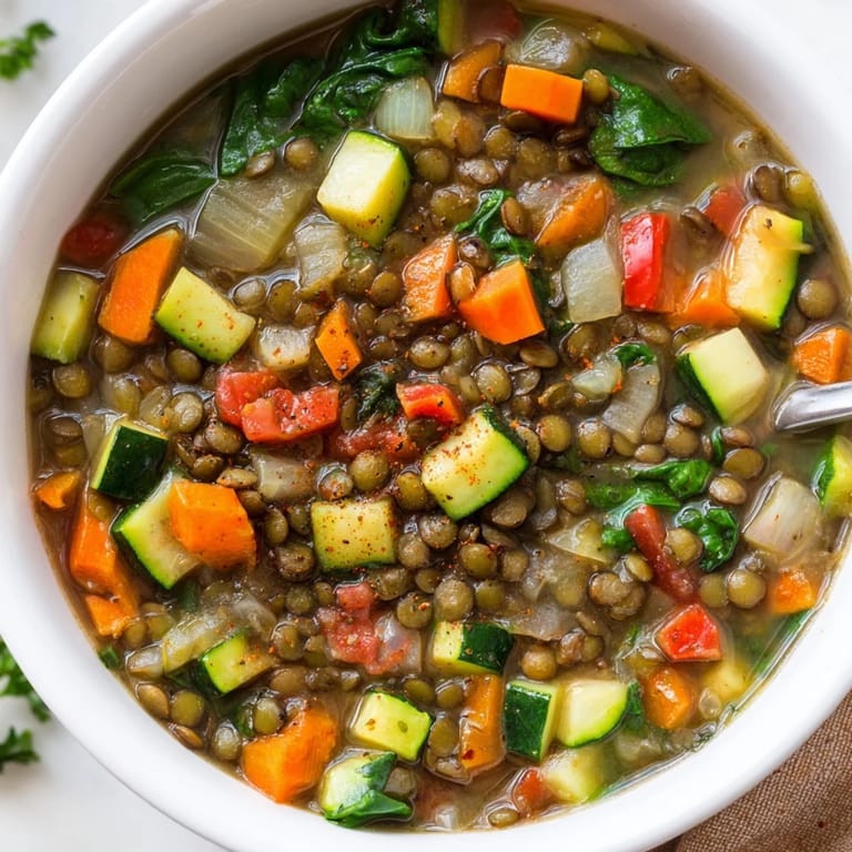 Lentil and Vegetable Soup in a rustic bowl, seasoned with cumin and smoked paprika for a comforting, protein-rich meal.