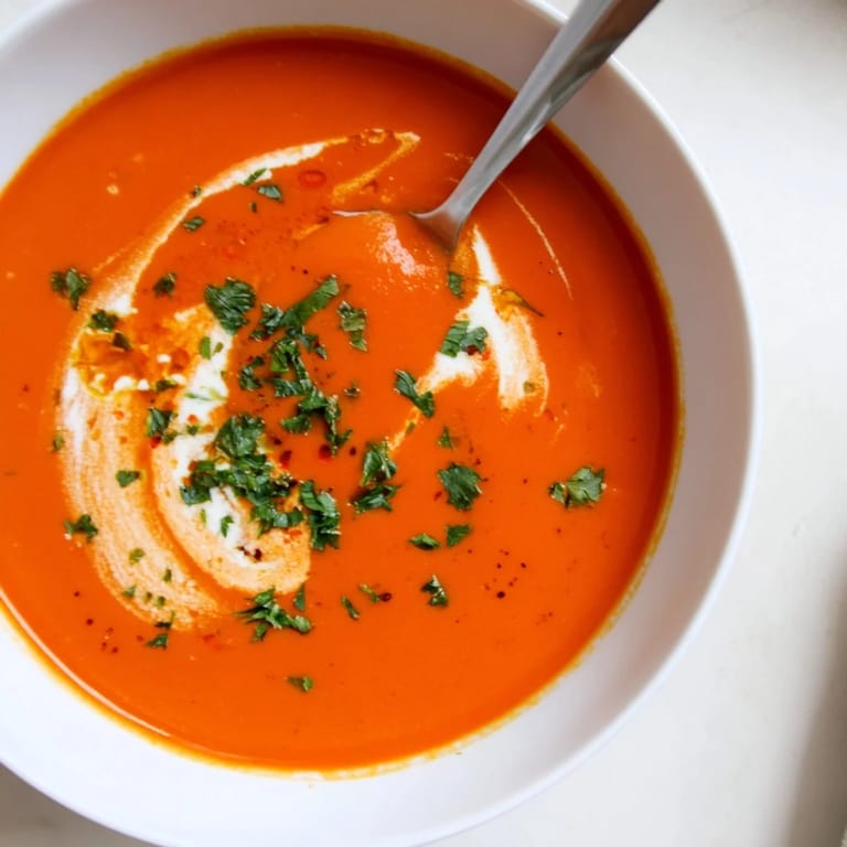 A comforting bowl of roasted red pepper soup, topped with herbs.