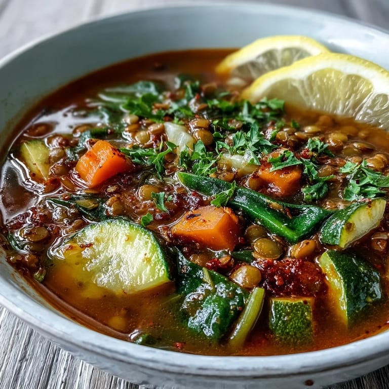 Vibrant Lentil Soup served with crusty bread on the side, perfect for a cozy, nutritious meal.
