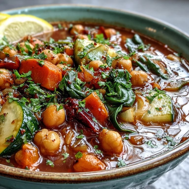Golden, simmering Chickpea Stew in a rustic pot, showcasing tender chickpeas and colorful Mediterranean vegetables.