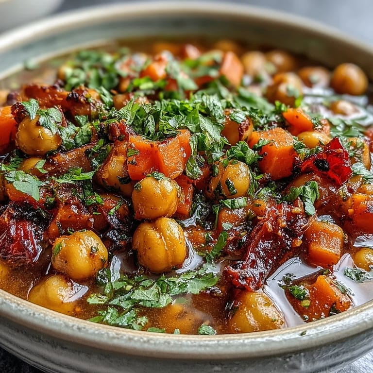 A warm bowl of Spicy Chickpea Stew served with crusty bread for dipping into the rich broth.
