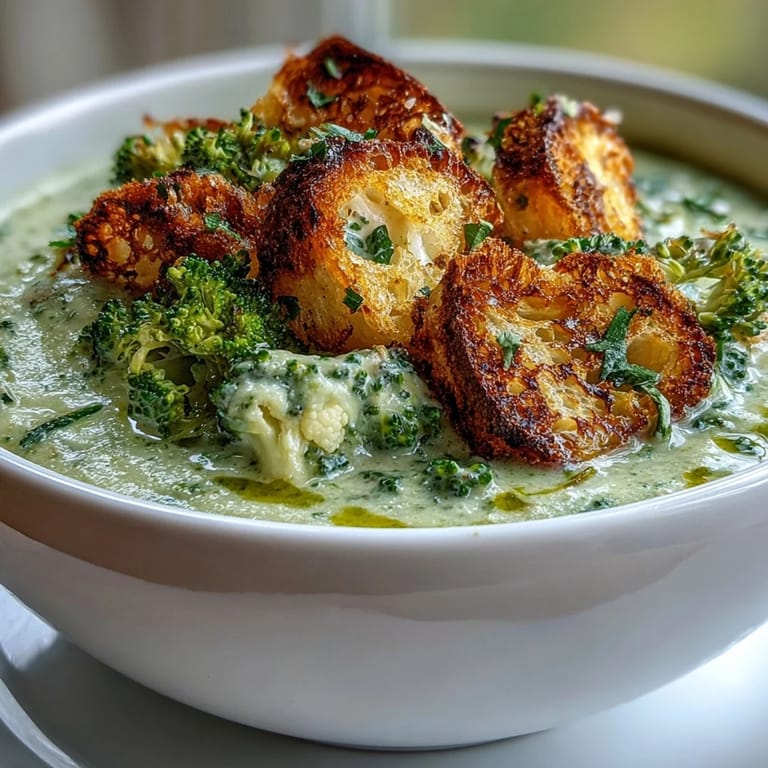 Hearty Cauliflower and Broccoli Soup with cheesy croutons and a drizzle of olive oil, ready to serve alongside crusty bread.