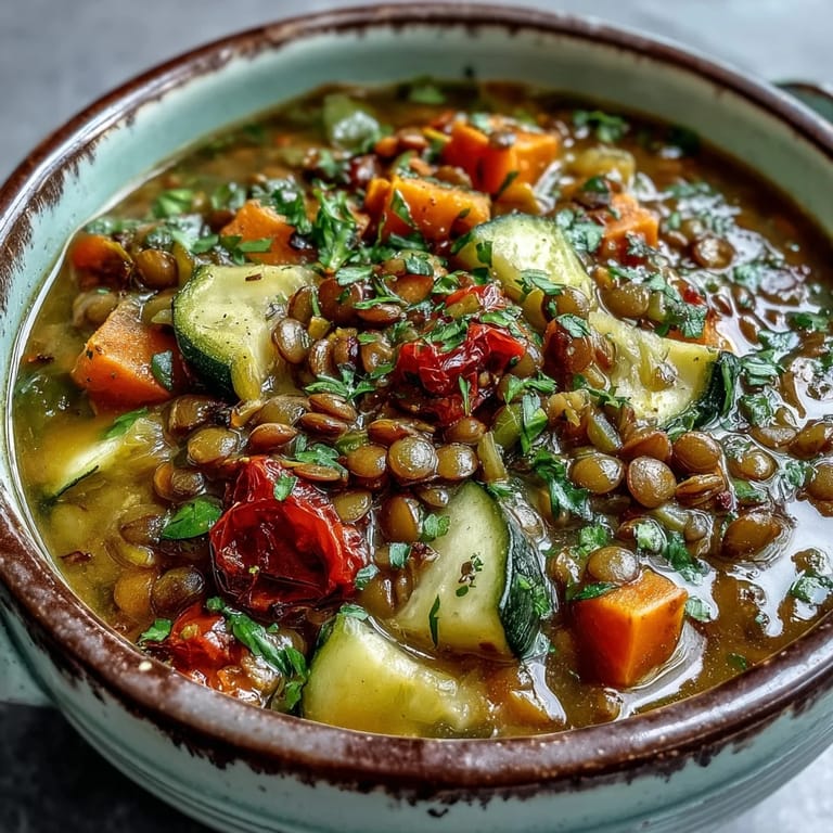 A close-up of hearty Lentil and Vegetable Soup, garnished with fresh parsley and a lemon wedge, ready to enjoy hot.