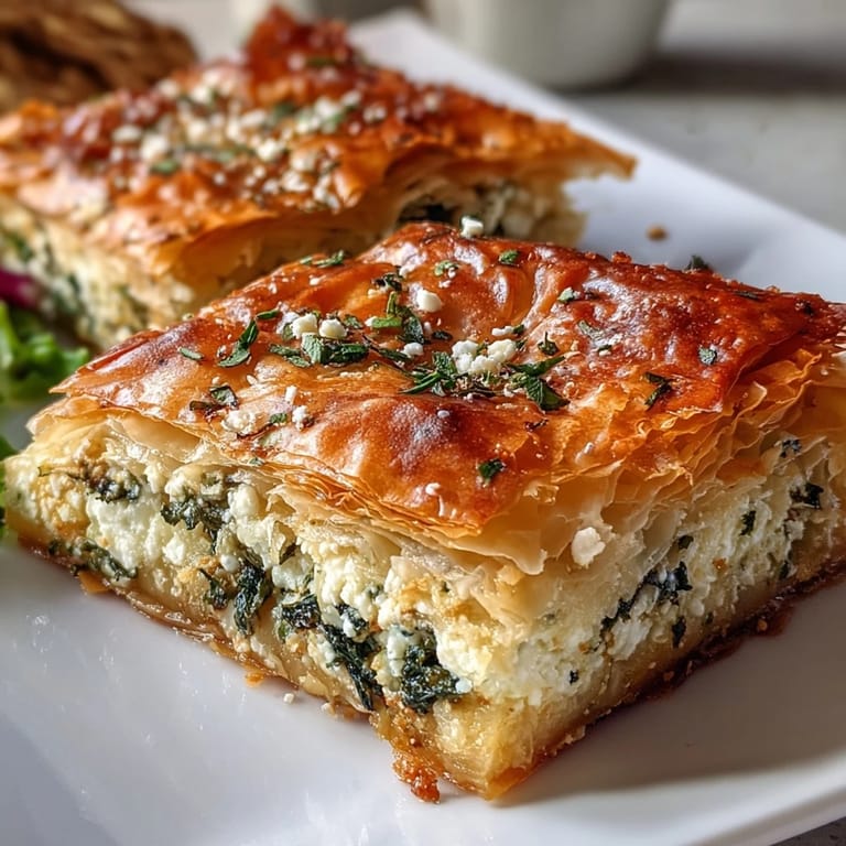 Freshly baked Feta and Kale Börek reveals a vibrant green filling of kale and creamy feta cheese, garnished with fresh dill.