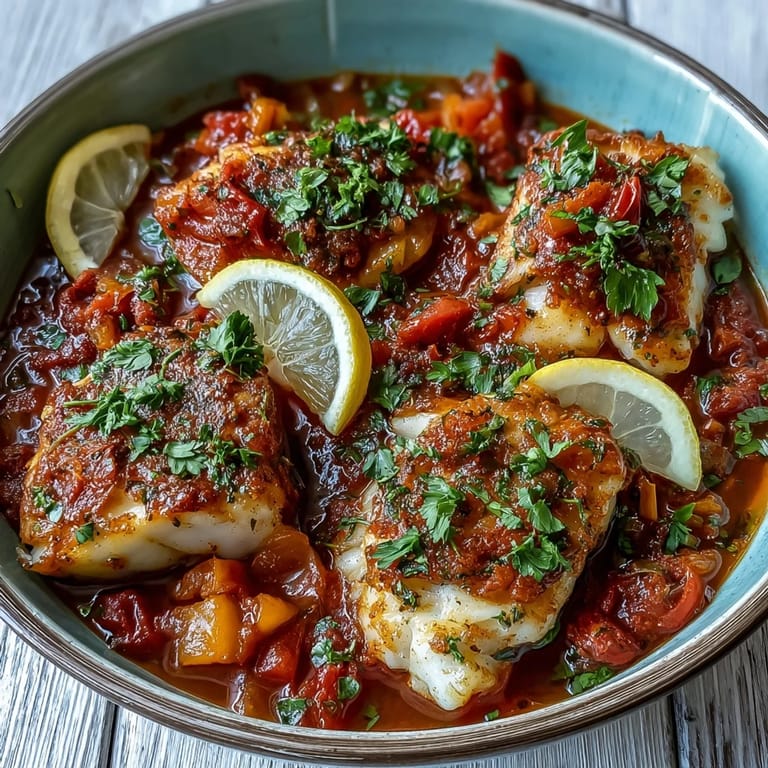 Hearty Spiced Cod One Pot simmered in a single skillet, garnished with lemon wedges and cilantro for bright flavor.