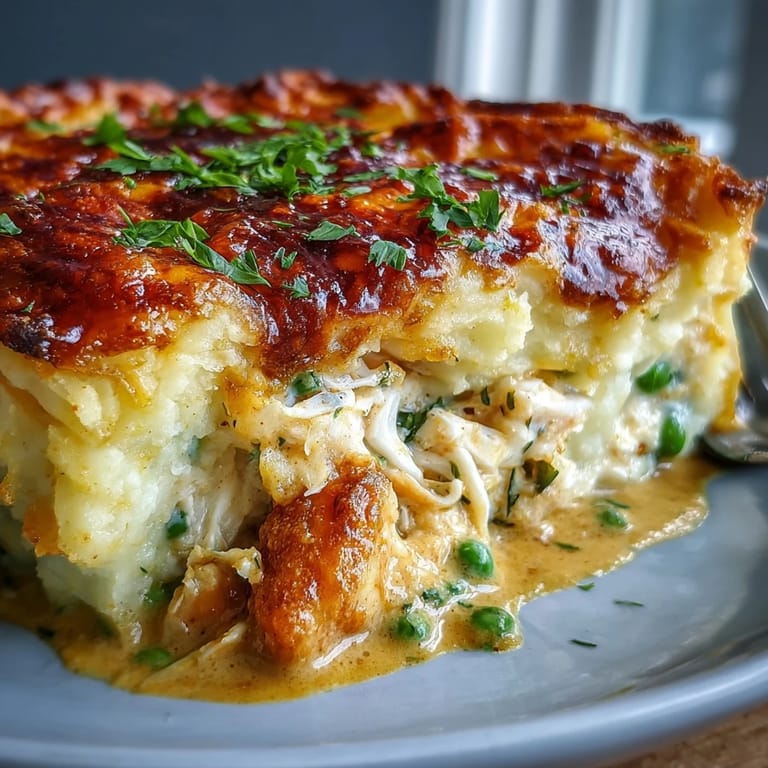Bubbling curried fish pie just out of the oven with fluffy, forked potato peaks and warm steam rising.