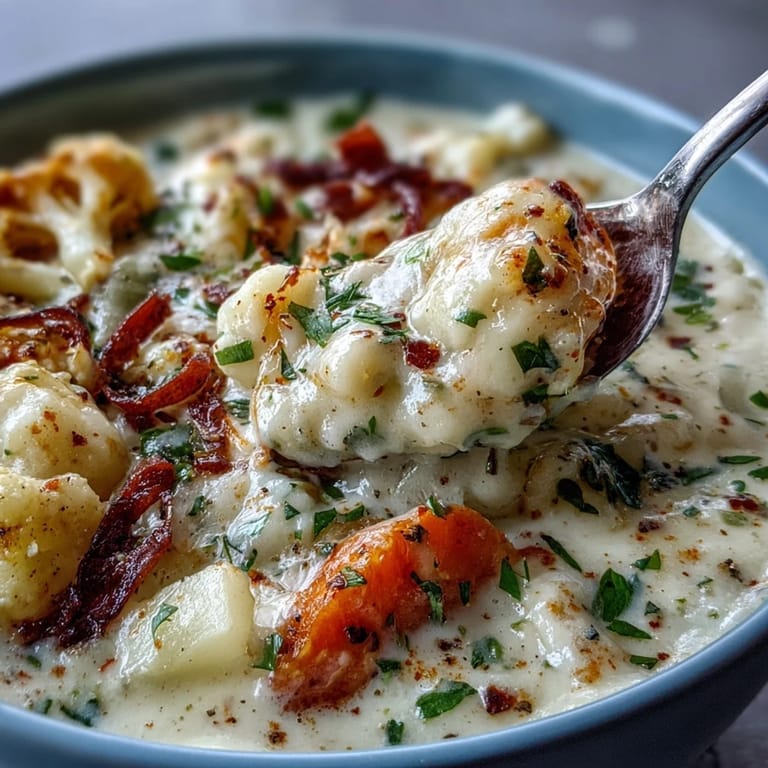 Spoon dipping into a hearty bowl of Vegetarian Cauliflower Chowder, paired with crusty gluten-free bread.