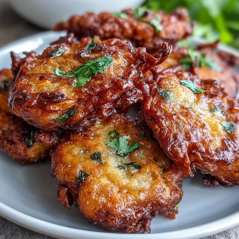 A serving of spiced Cauliflower Bhajis is ready to dip into a tangy yogurt sauce.