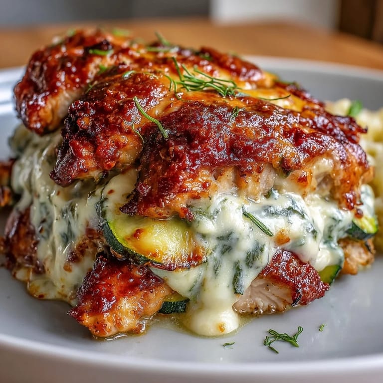 A close-up view of a hearty High Protein Chicken Zucchini Bake, showcasing tender chicken chunks and crisp zucchini slices in a cheesy, baked casserole.
