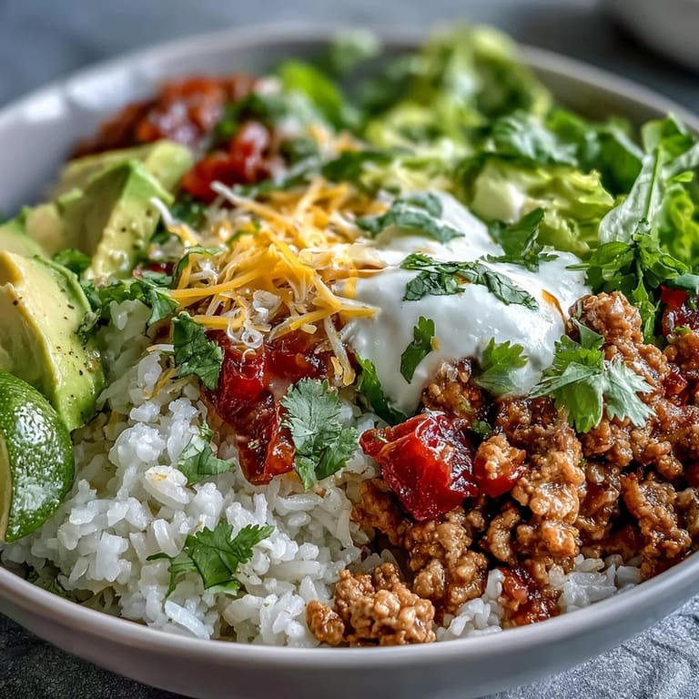 A finished Turkey Taco Bowl features fluffy rice, avocado, and shredded cheese, with a lime wedge on the side.