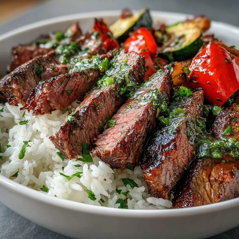 Grilled Steak Bowl with sizzling steak, roasted peppers, and zucchini ready to serve.