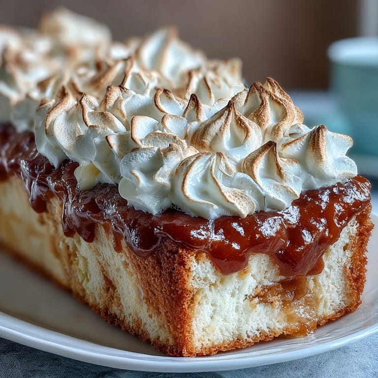 Golden-browned Homemade Brazo Gitano topped with piped meringue swirls, ready to be enjoyed with a cup of café con leche.