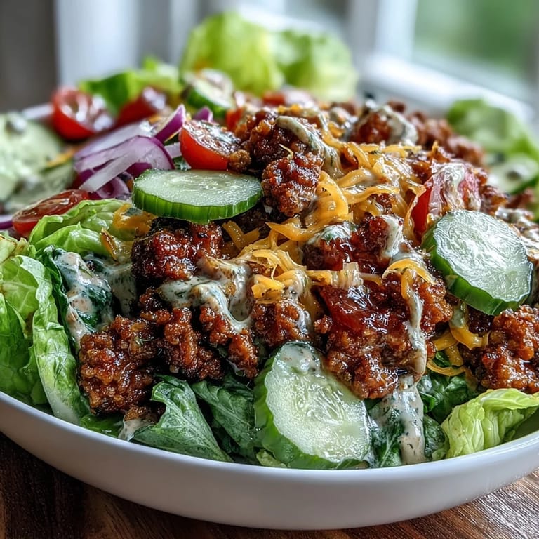 Overhead view of High-Protein Cheeseburger Bowls featuring seasoned beef, melted cheese, sliced pickles, and a creamy drizzle.