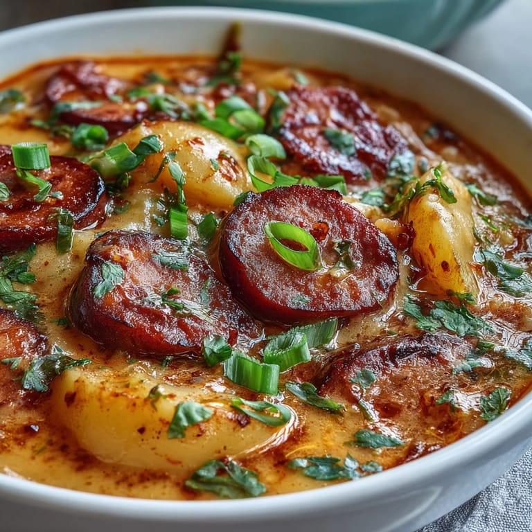 A cozy bowl of Creamy Cajun Potato Soup with Andouille Sausage, garnished with fresh green onions, offers a comforting, spicy main dish perfect for chilly weeknight dinners.