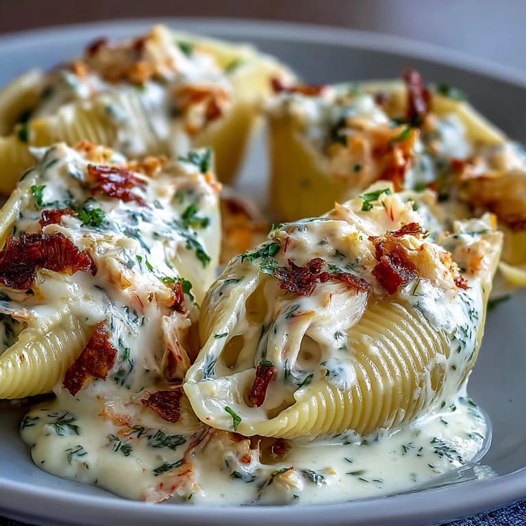 Generously stuffed with lobster and crab, these Creamy Seafood Stopped Shells are garnished with fresh parsley and ready to be served.