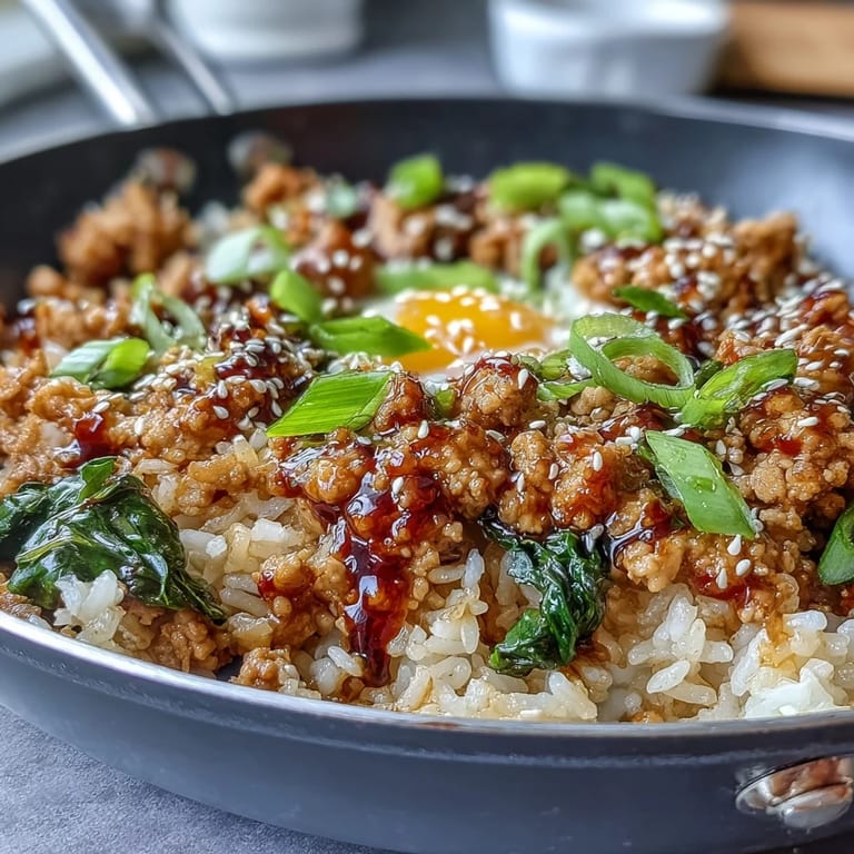 A bowl of Creamy Korean Turkey Rice Skillet served with spicy kimchi on the side.