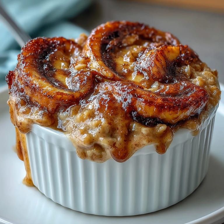 Warm Cinnamon Swirl Protein Banana Baked Oats with a fluffy texture, served in a small dish with a dollop of Greek yogurt. 