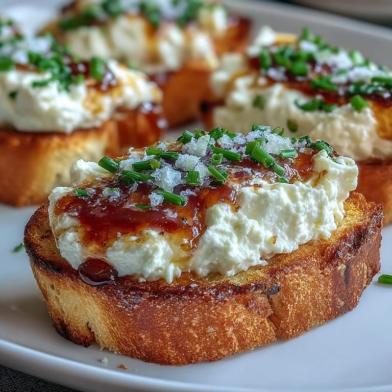 Crispy Hot Honey Goat Cheese Crostini garnished with fresh chives and flaky sea salt on a marble board.
