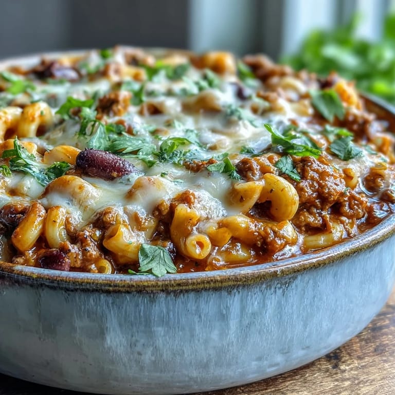 A rustic cast-iron skillet holds a hearty serving of Baked Ranch Turkey Chili Mac, ready to eat.