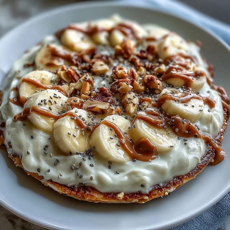 Sliced bananas and chia seeds garnish this warm High-Protein Breakfast Pizza Bowl, served in a ceramic dish for a cozy morning meal. 