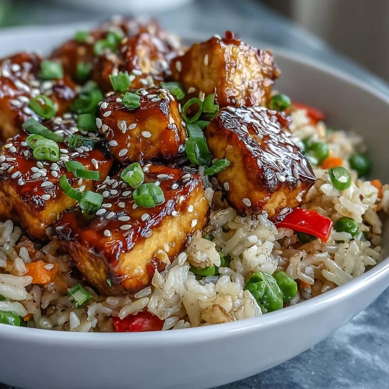 Stir-fried Crispy Sesame Tofu Fried Rice topped with green onions and sesame seeds, ready to serve.