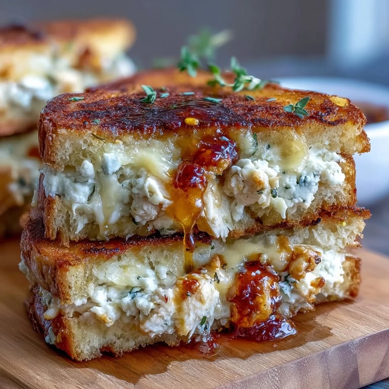 Melty goat cheese and juicy chicken fill buttery grilled sourdough, served warm with a glossy hot honey drizzle.