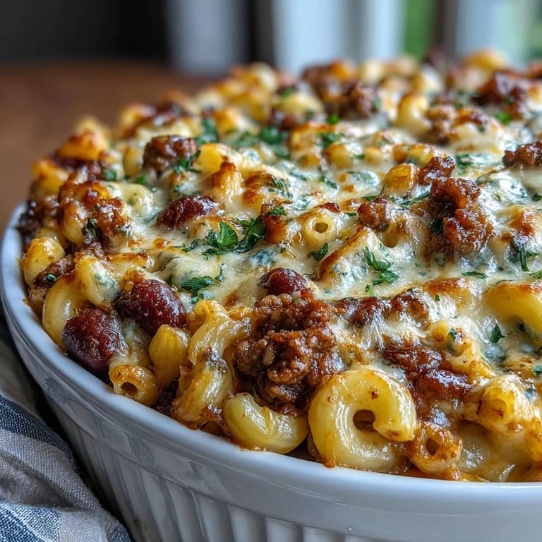 Steam rises from a freshly baked dish of Baked Ranch Turkey Chili Mac, garnished with fresh green onions.