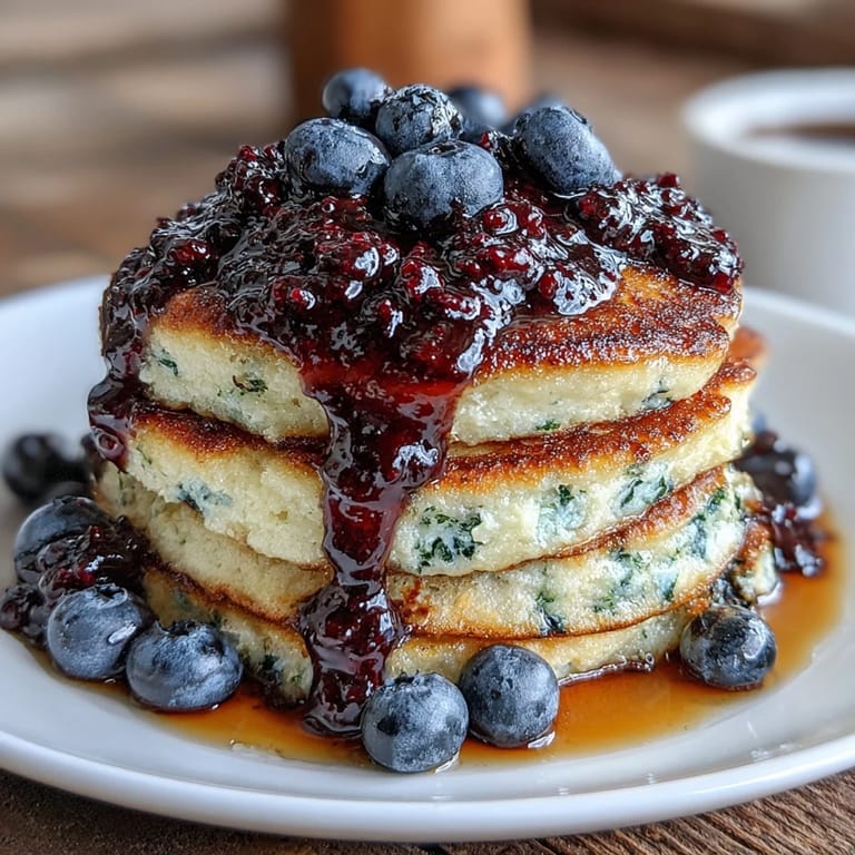 Close-up of High-Protein Greek Yogurt Pancakes being lifted with a fork, showing blueberry compote dripping.