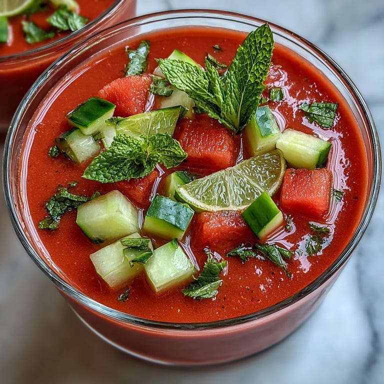 Vibrant Vegan Watermelon Mint Gazpacho served with lime wedges and a mint sprig on a rustic table.