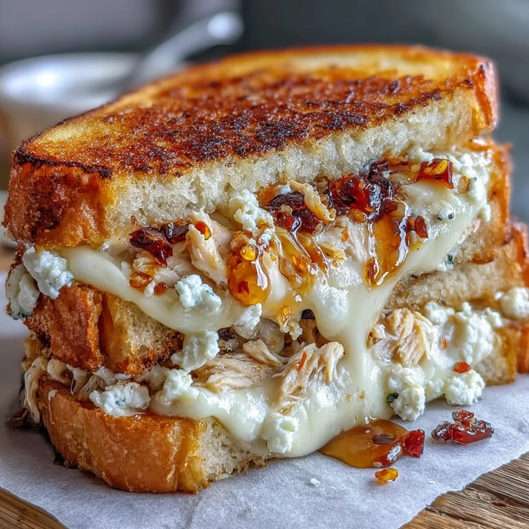 Melted goat cheese and spicy hot honey chicken spill from a buttery grilled cheese slice.