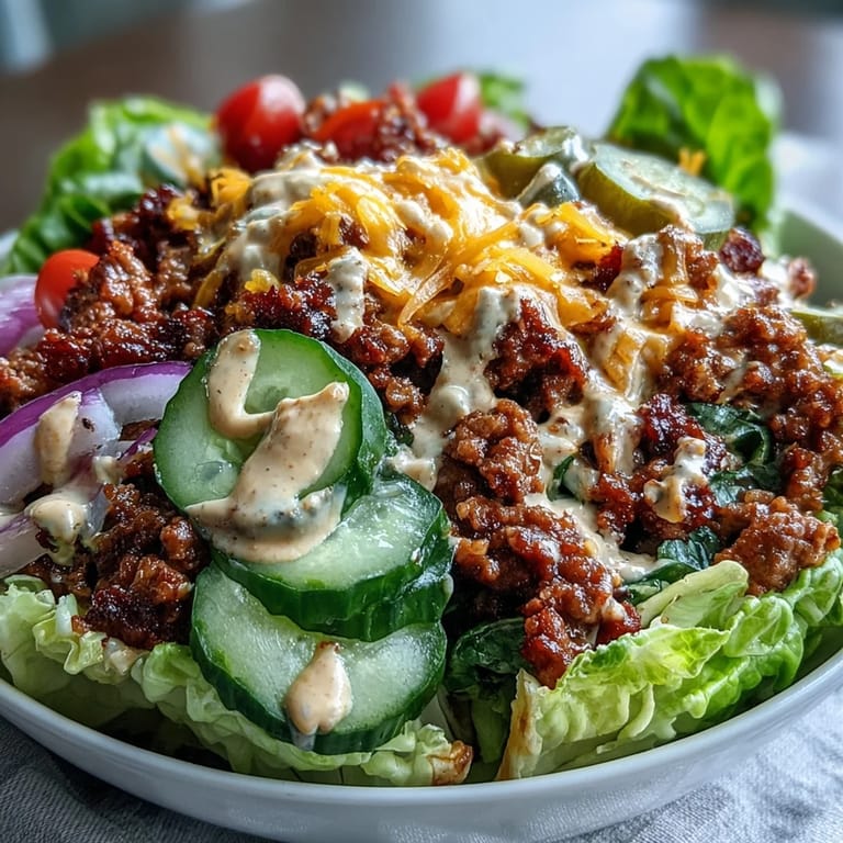 Overhead view of High-Protein Cheeseburger Bowls featuring seasoned beef, melted cheese, sliced pickles, and a creamy drizzle.