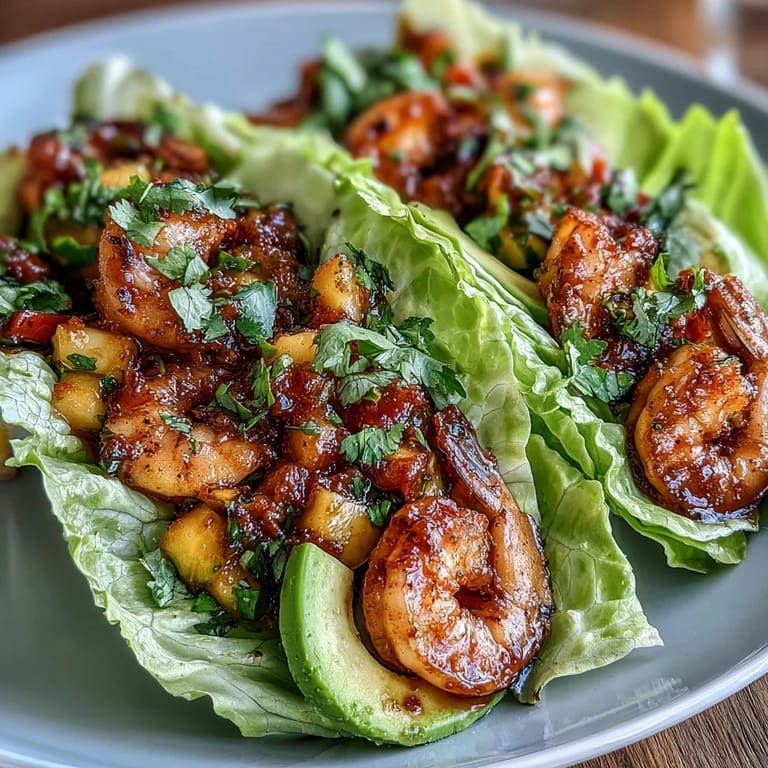 Vibrant lettuce wraps filled with seasoned shrimp, mango salsa, and creamy avocado, perfect for a summer dinner.  