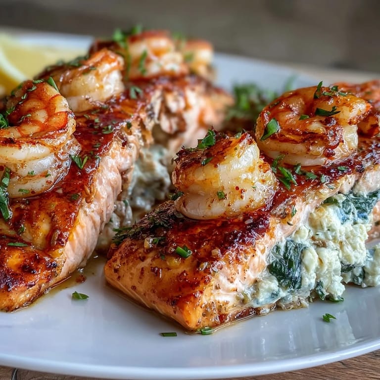 Golden-baked salmon fillets generously filled with lump crab, shrimp, and Boursin cheese mixture, finished with lemon butter and perfectly seasoned shrimp.