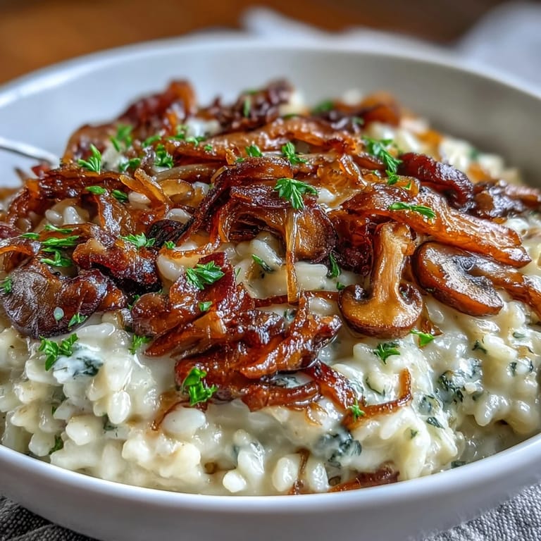 Savory mushroom risotto infused with sweet caramelized onions and a touch of white wine.  