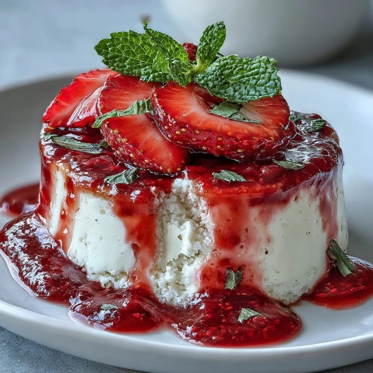 Creamy Italian dessert with smooth vanilla custard base and bright red strawberry coulis for a romantic treat.