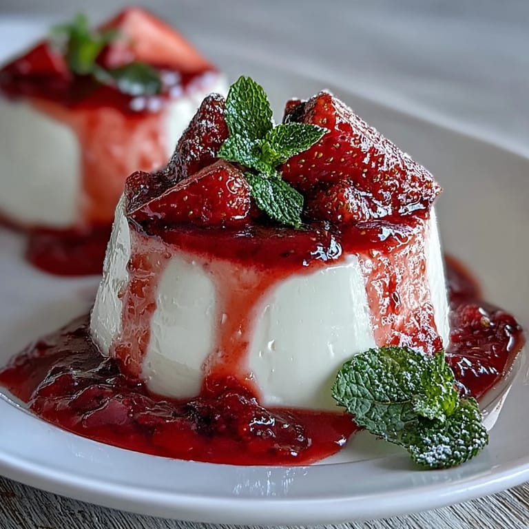 Elegant Valentine's Day dessert featuring chilled panna cotta drizzled with homemade strawberry sauce and fresh fruit garnish.