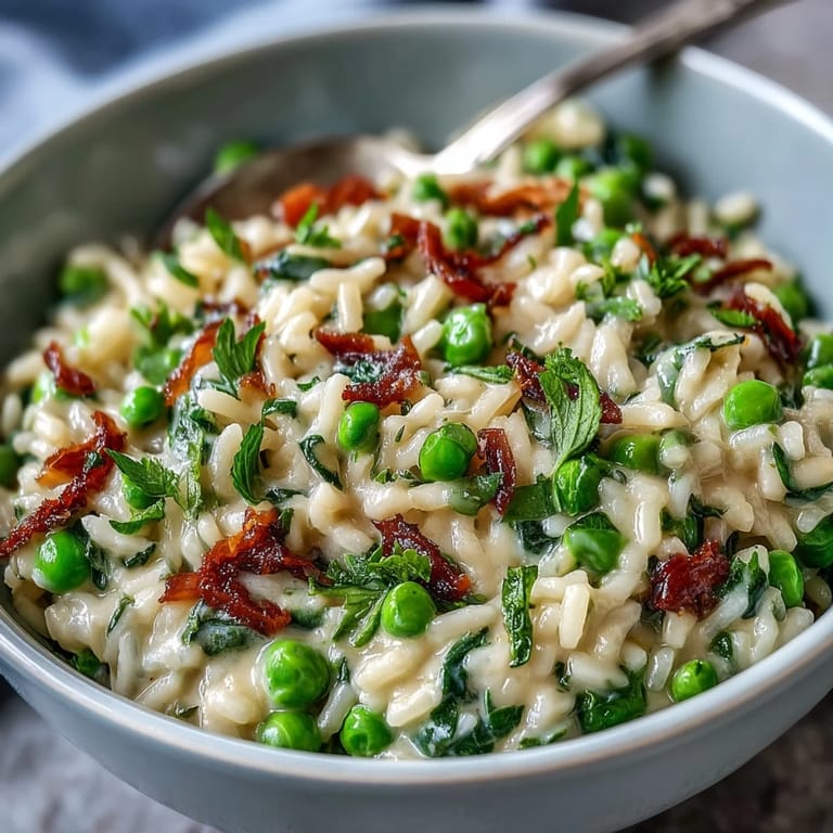 Golden risotto with tender spring peas and fragrant mint, topped with grated Parmesan cheese and served in a rustic white bowl.  