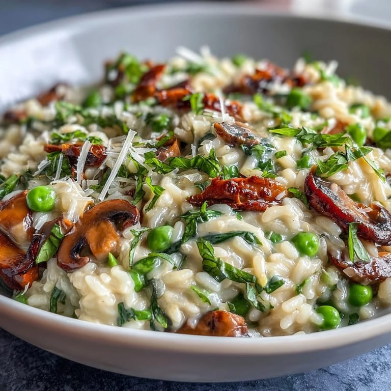 Close-up of Spring Pea and Mint Risotto with Parmesan, showcasing its rich texture and bright green peas for a fresh, satisfying dish.