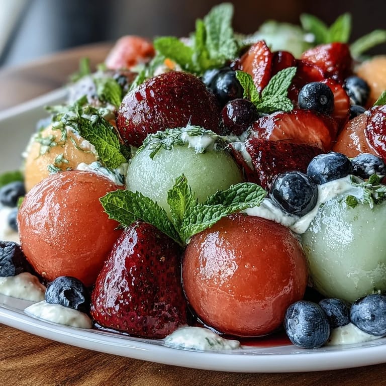 Festive fruit platter showcasing assorted melons and berries served with zesty honey-lime yogurt dip, garnished with fresh mint leaves.