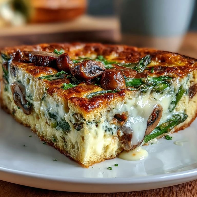 Savory layers of sautéed asparagus, mushrooms, and shallot nestled in a buttery sourdough crust with creamy Gruyère egg custard.  