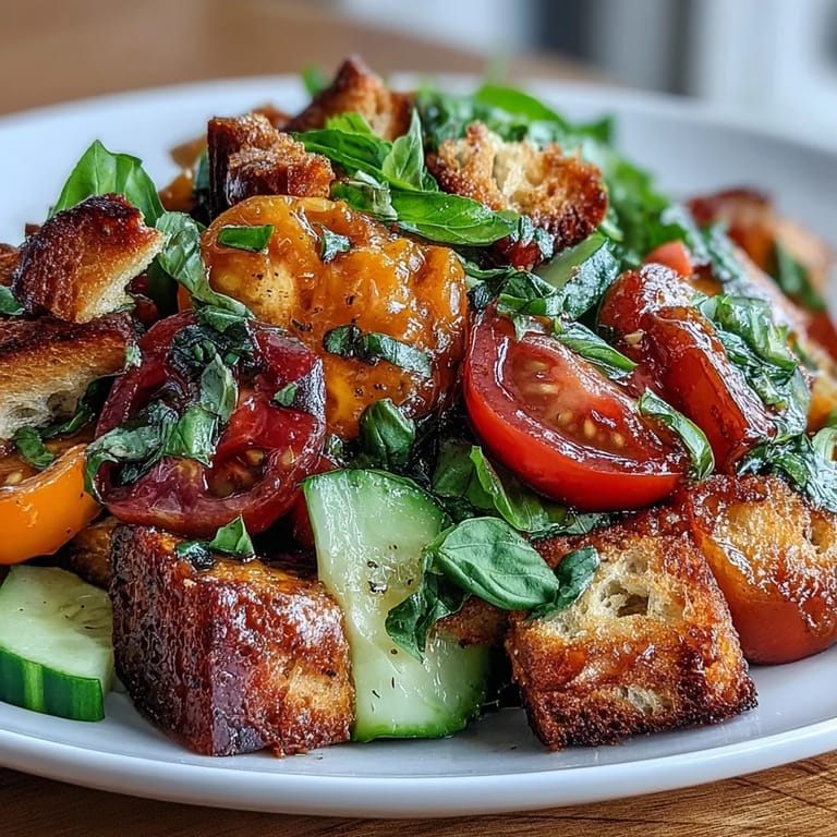 A rustic Italian salad with crunchy sourdough bread cubes, juicy heirloom tomatoes, crisp cucumber, and a vibrant basil vinaigrette for a fresh summer meal.