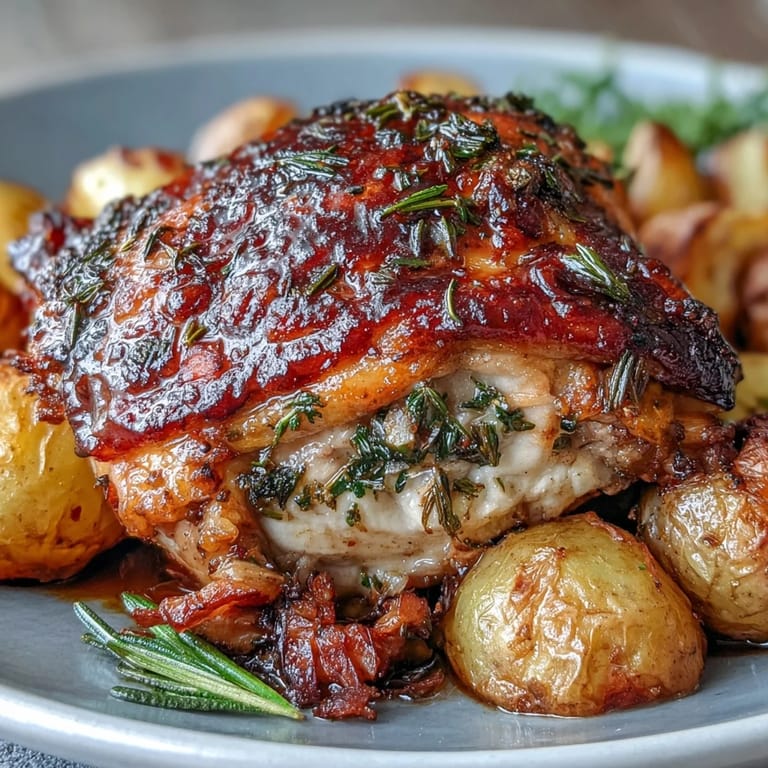 Golden brown chicken thighs roasted with aromatic rosemary, thyme, and garlic alongside baby potatoes and carrots in a one-pan meal.  