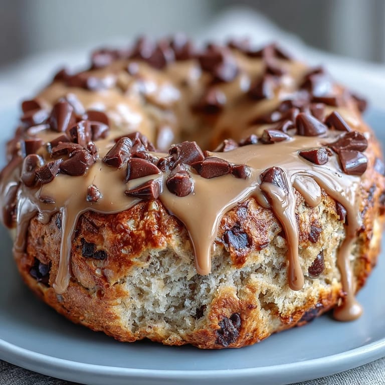 Golden-baked protein bagels loaded with chocolate chips and topped with a luscious peanut butter drizzle for a satisfying treat.  