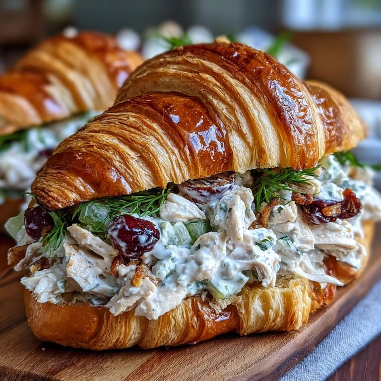 Buttery croissant filled with tender chicken, sweet red grapes, and crisp celery in a tangy, creamy dressing.  