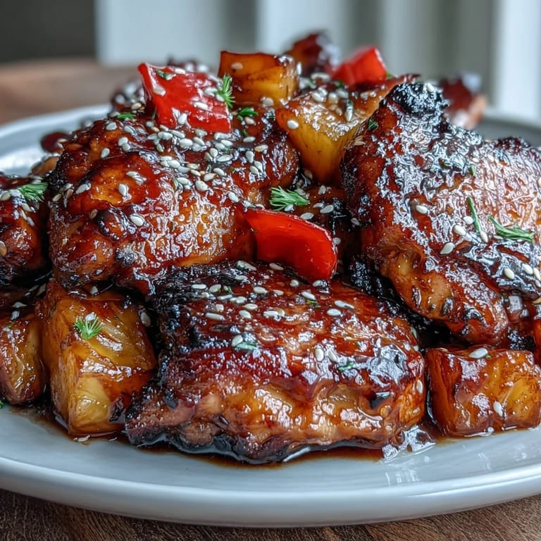 Tropical honey garlic chicken skillet featuring tender chicken, sweet pineapple, and crisp bell peppers in a sticky, aromatic sauce.
