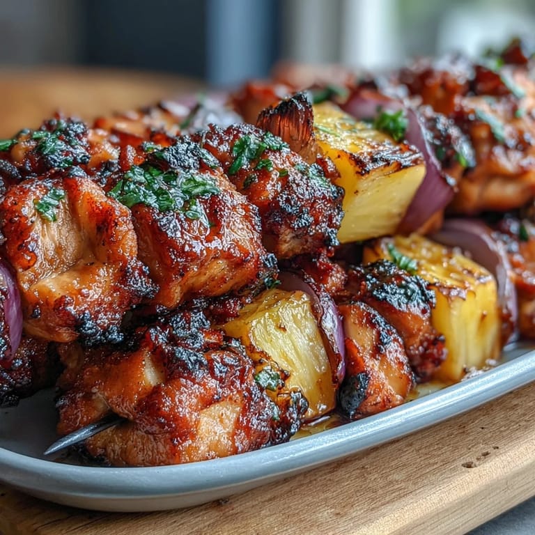 Juicy chicken and sweet pineapple skewers, charred on the grill with red onion and BBQ glaze.  